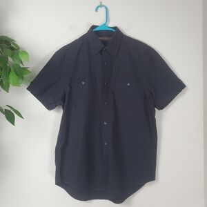 Perry Ellis Men's Black and Navy Striped Short Sleeve Button Down Shirt Medium